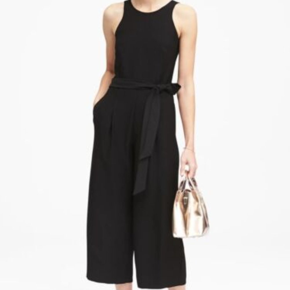 Banana Republic Black Wide Leg Cropped Belted Jumpsuit Size 14